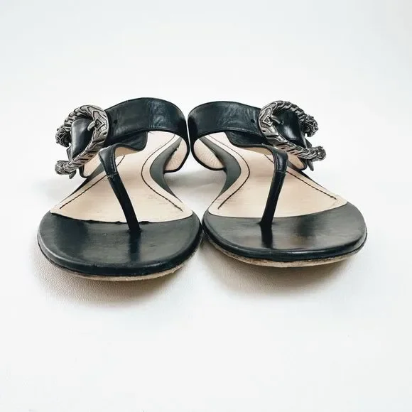 GUCCI Dionysus Black Sandal 38.5 US 8.5 Flat Flip Flop Leather T-Strap Flat GG - Picture 6 of 11